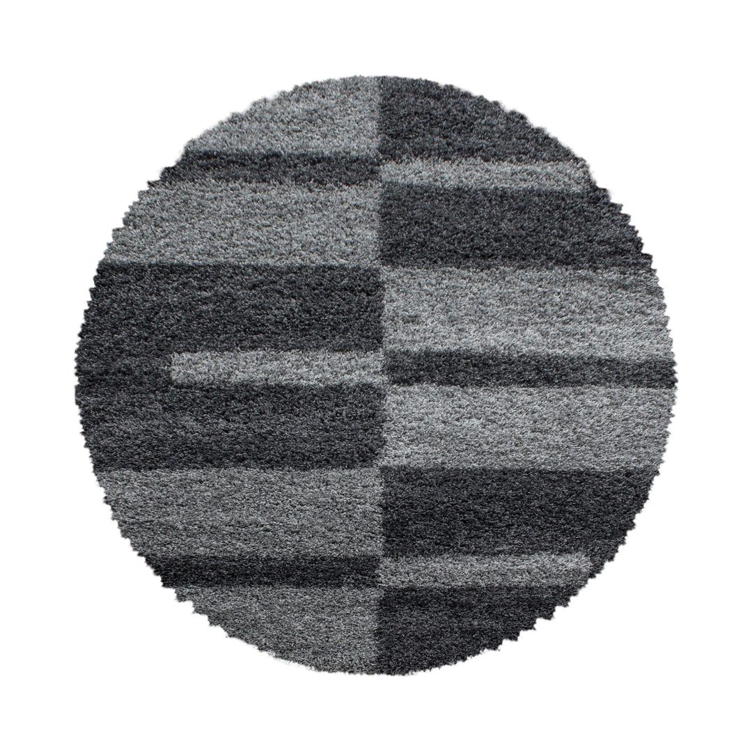 Teppich Wohnzimmer Moderne Kariert Design Shaggy Flokati 200 cm Rund Grau - Hochflor Teppich Schlafz