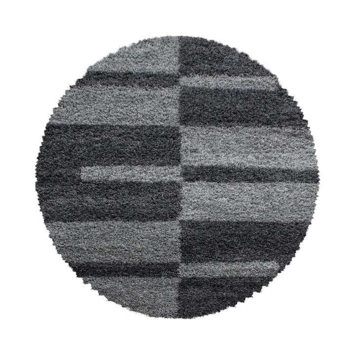 Teppich Wohnzimmer Moderne Kariert Design Shaggy Flokati 200 cm Rund Grau - Hochflor Teppich Schlafz