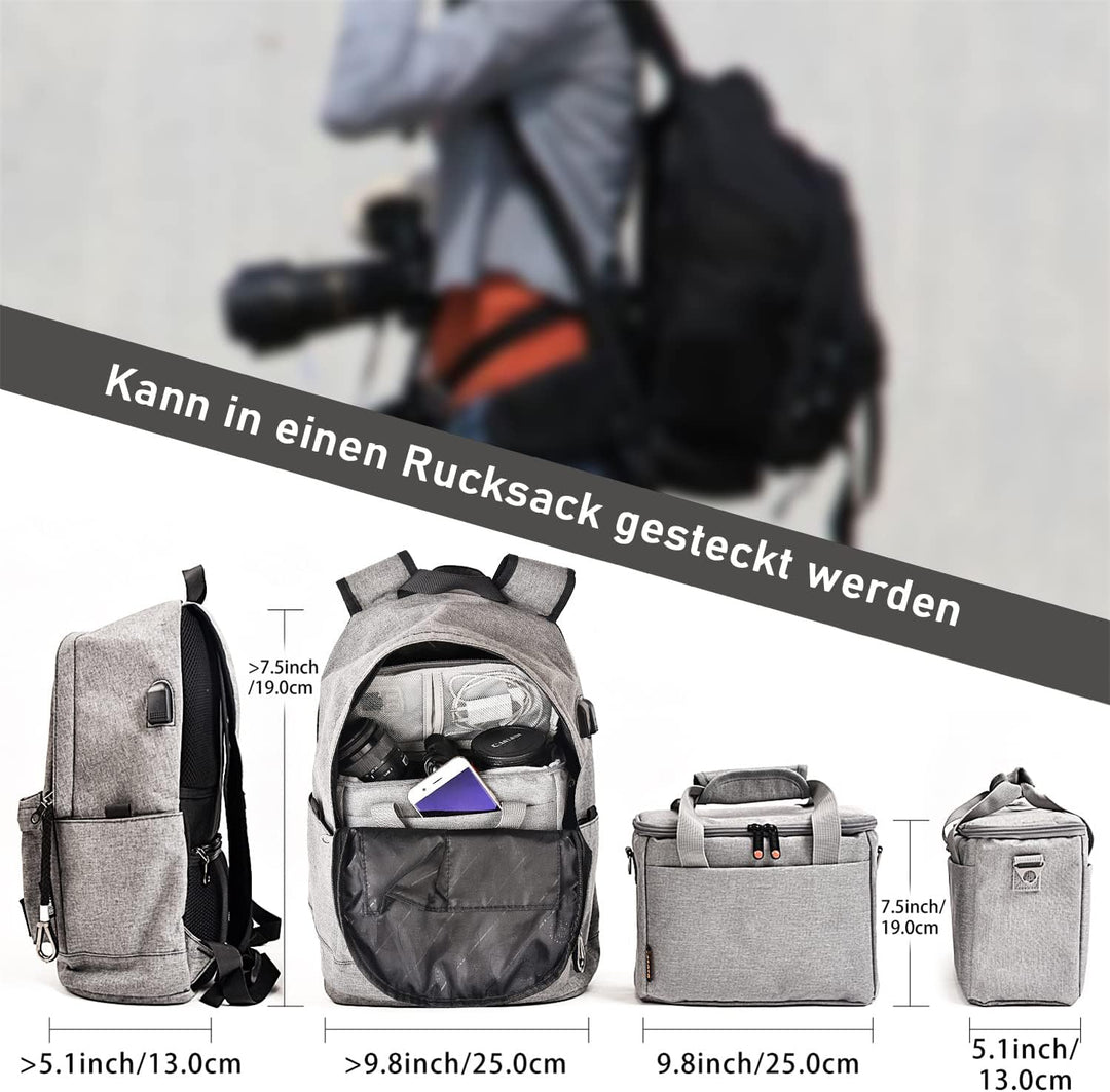 FOSOTO DSLR-Kameratasche für Spiegelreflexkameras und Zubehör Grau, SLR Kameratasche Klein mit Regen