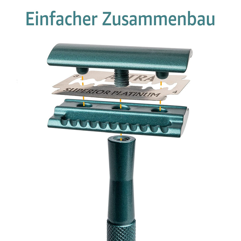 ANYMALE® Plastikfreier Rasierhobel Azure Edition - Set mit Ständer und 5 ASTRA Klingen - Nassrasiere