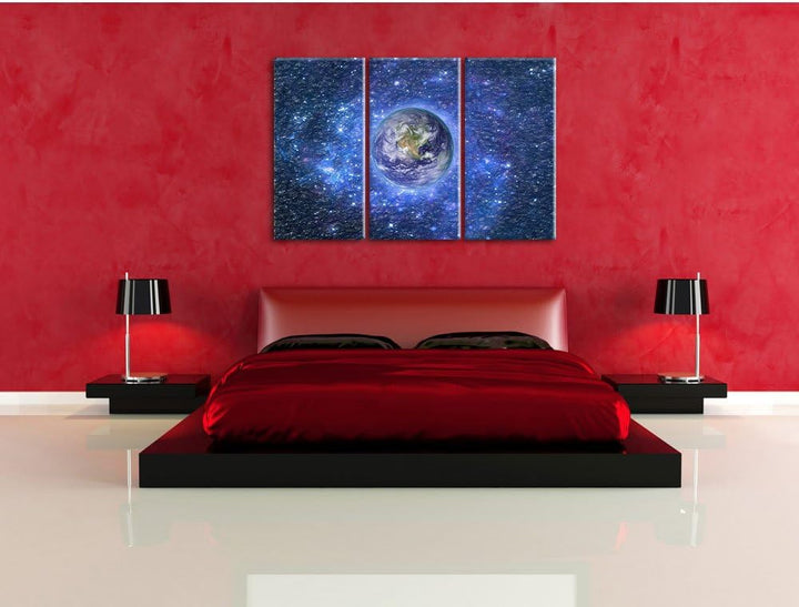 Pixxprint Planet Erde im Weltraum / 3-Teilig/Gesamtmass 120cm Leinwandbild bespannt auf Holzrahmen/W