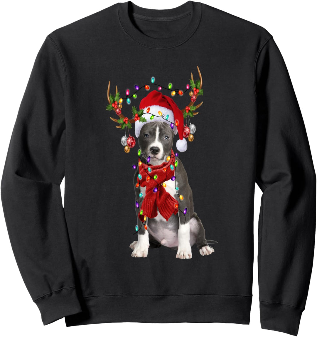 Santa AmStaff Hunde-Rentier Weihnachtsbeleuchtung Sweatshirt