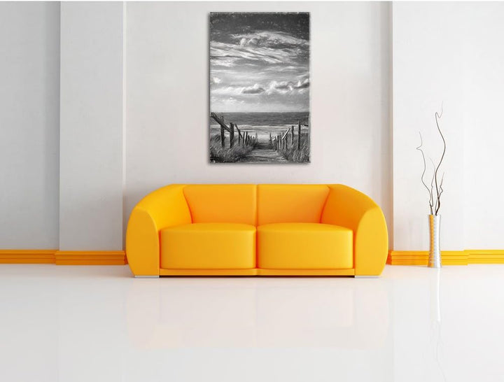 Pixxprint Weg zum Strand am Meer Kunst Kohle Effekt, Format: 100x70 auf Leinwand, 100x70