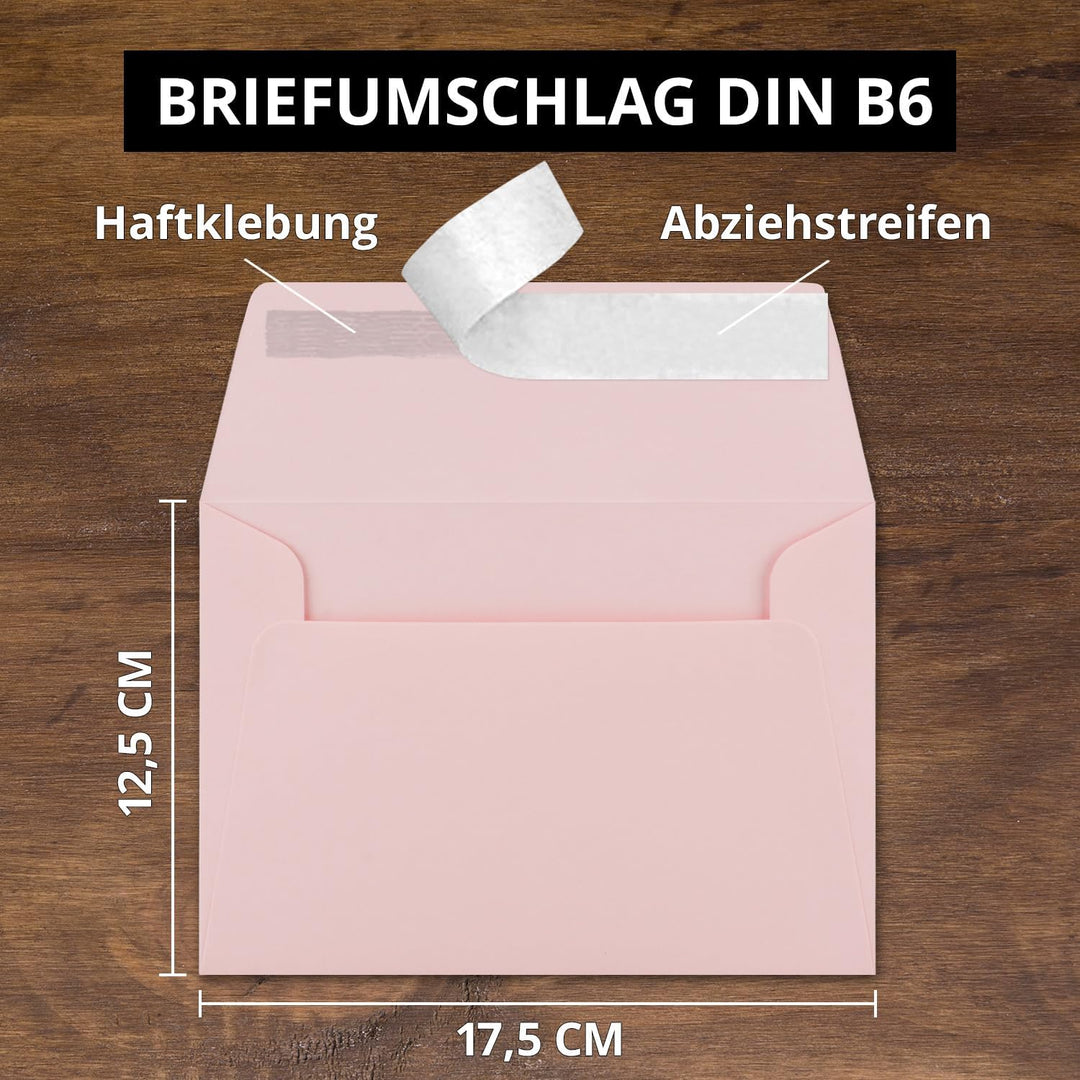 200x Brief-Umschläge B6 - Rosa - 12,5 x 17,5 cm - Haftklebung 120 g/m² - breite edle Verschluss-Lasc