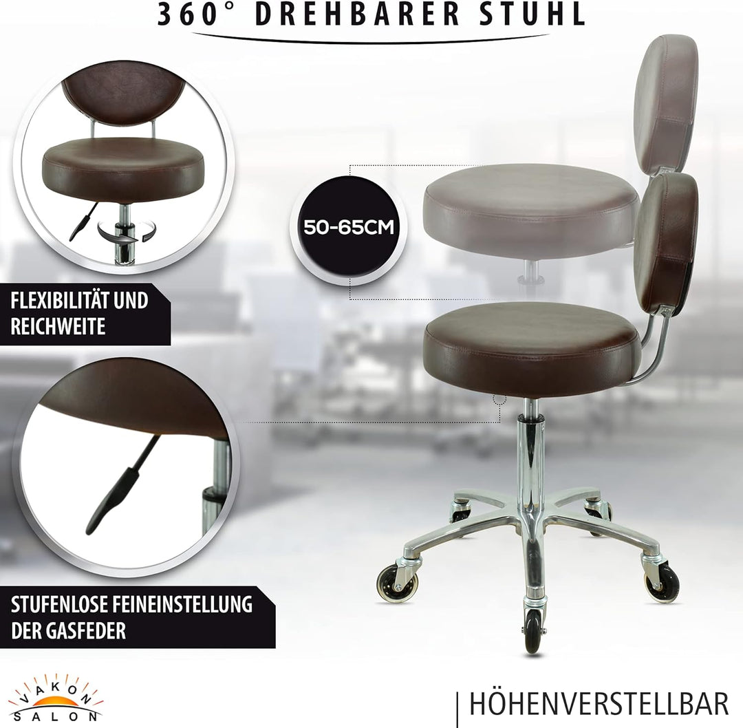 Premium Rollhocker braun mit ovaler Lehne höhenverstellbar von 50 bis 65 cm - Rundsitz- Drehhocker A