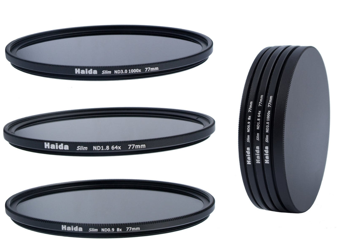 HAIDA Slim Neutral Graufilter Set 77mm bestehend aus ND8, ND64, ND1000 Filtern 77mm inkl. Stack Cap