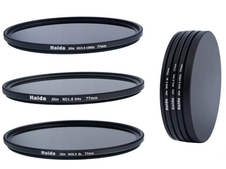 HAIDA Slim Neutral Graufilter Set 77mm bestehend aus ND8, ND64, ND1000 Filtern 77mm inkl. Stack Cap