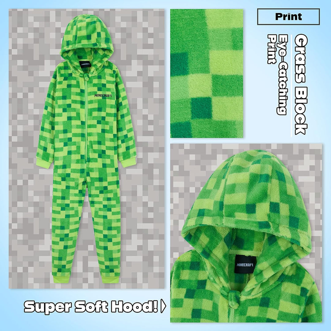 Minecraft Onesie Creeper Fleece Jumpsuit Sleepsuit Gamer Geschenk Schlafoverall mit Kapuze für Junge