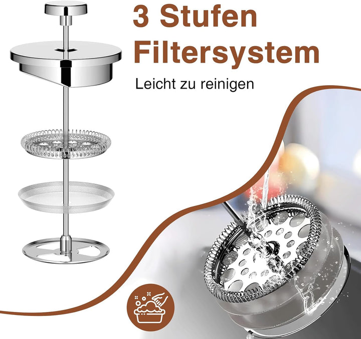 Kaffeebereiter 1000ml, French Press Edelstahl, Kaffeepresse 8 Tassen mit 3 Edelstahlfilter System, D