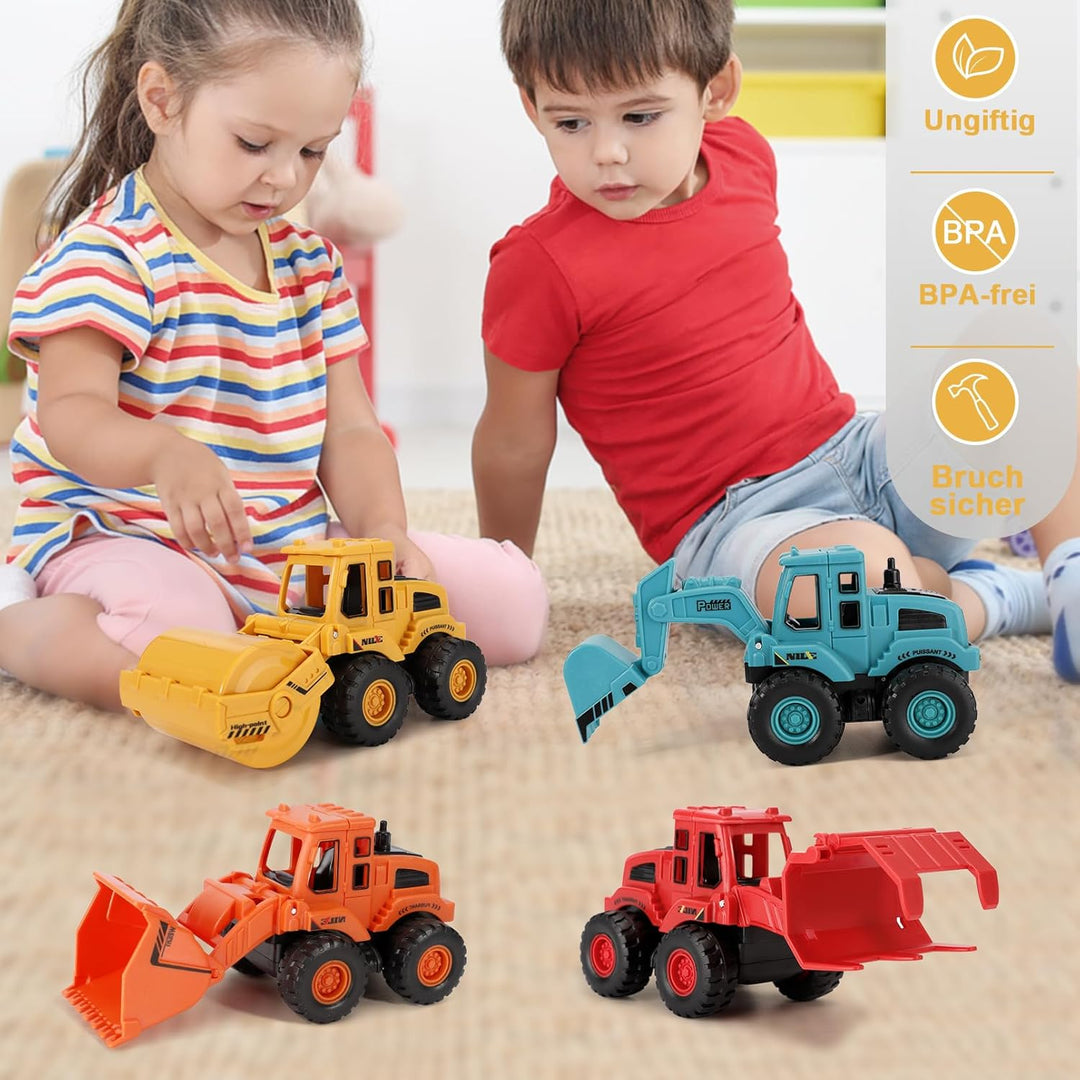 4 Stück Bagger Spielzeug, Push and Go Baufahrzeuge Spielzeug, Minibagger Spielzeugauto Auto Spielzeu