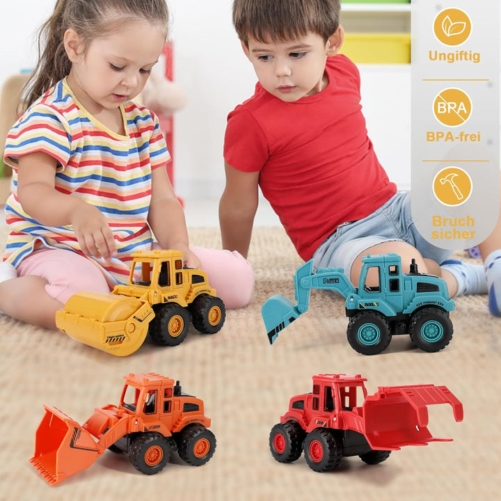 4 Stück Bagger Spielzeug, Push and Go Baufahrzeuge Spielzeug, Minibagger Spielzeugauto Auto Spielzeu