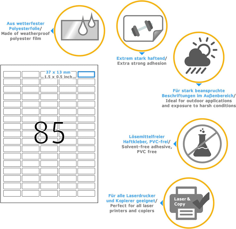 HERMA 8337 Wetterfeste Folienetiketten, 25 Blatt, 37 x 13 mm, 85 Stück pro A4 Bogen, 2125 Aufkleber,