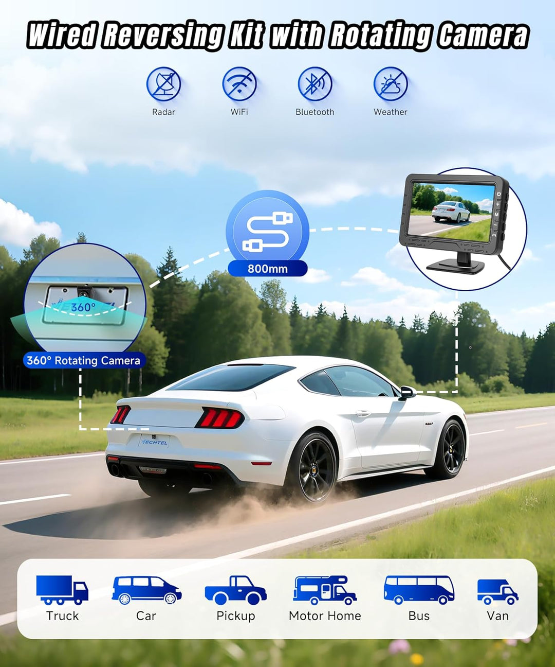 VECHTEL Rückfahrkamera Kable mit 4.3-Zoll-HD-Bildschirm, IP68 Nachtsicht Drehbar Rückfahrkamera mit