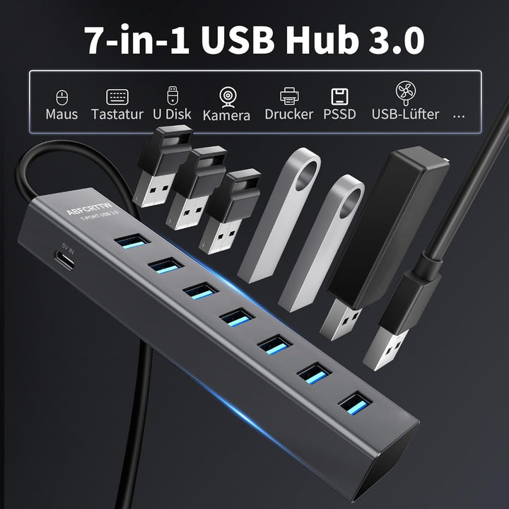 7-Port USB Hub 3.0 mit 120cm Kabel für Desktop, Aluminium USB Verteiler 5Gbps Multiport Adapter Spli
