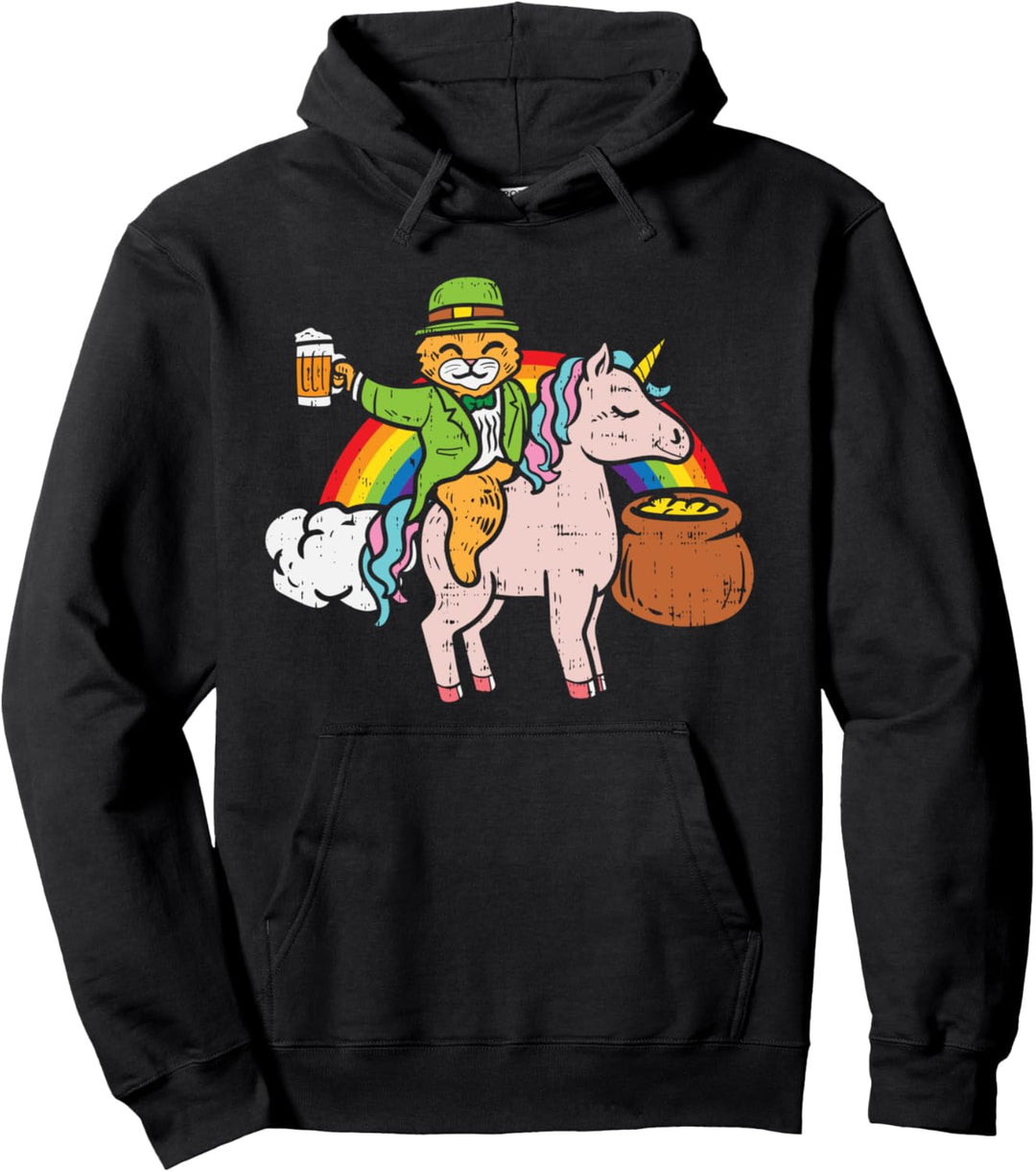 Beer Leprechaun Cat On Unicorn St Patricks Day Drinking Gift Pullover Hoodie