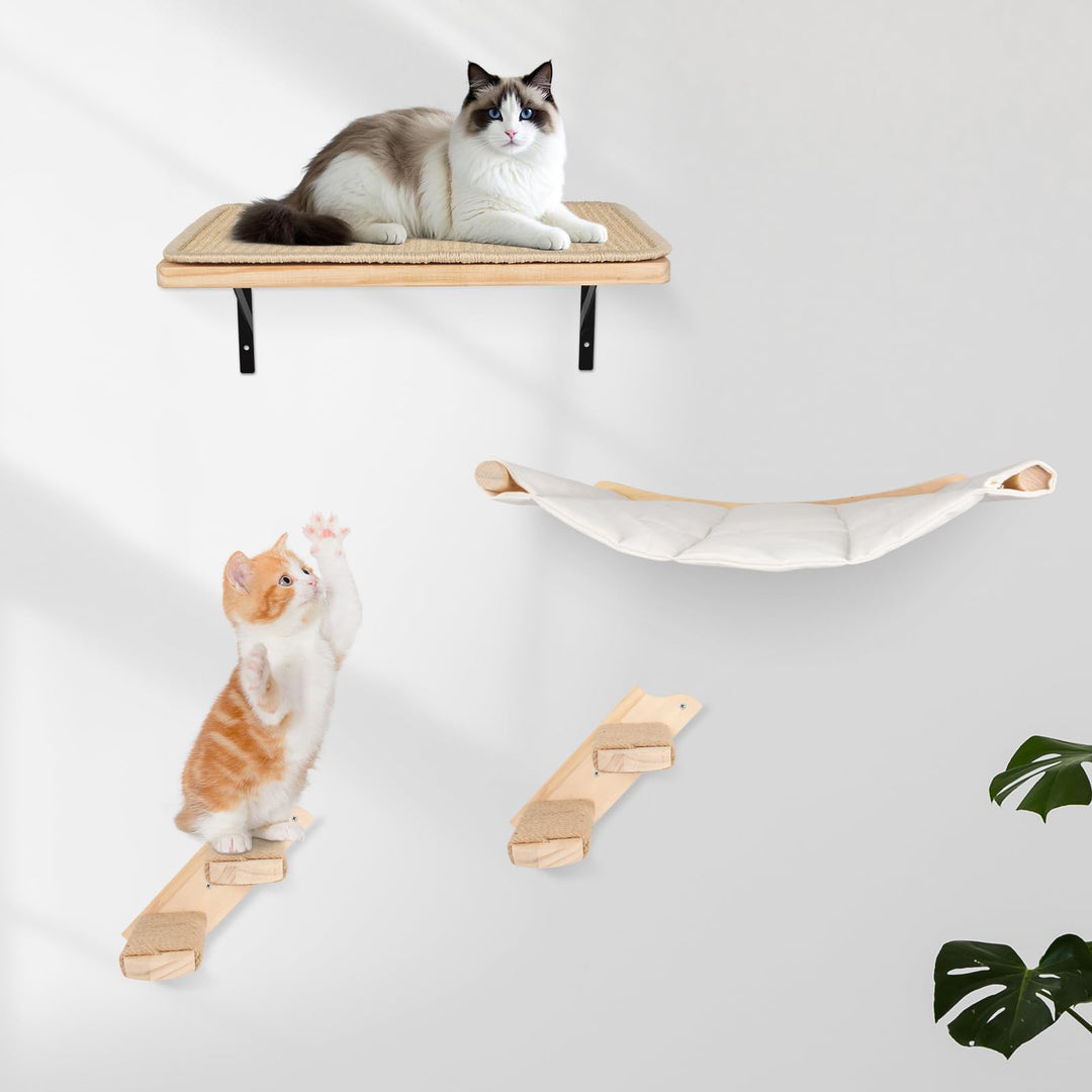 Katzen Kletterwand Set, 55cm x 46cm Katzenhängematte & Katzenwandregale & 2 Katzenleiter, 4er-Set Ka
