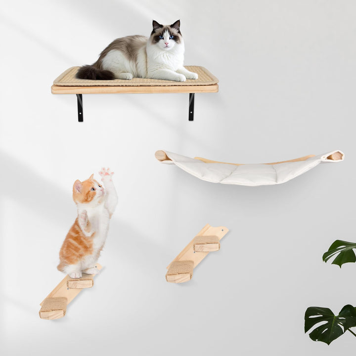 Katzen Kletterwand Set, 55cm x 46cm Katzenhängematte & Katzenwandregale & 2 Katzenleiter, 4er-Set Ka