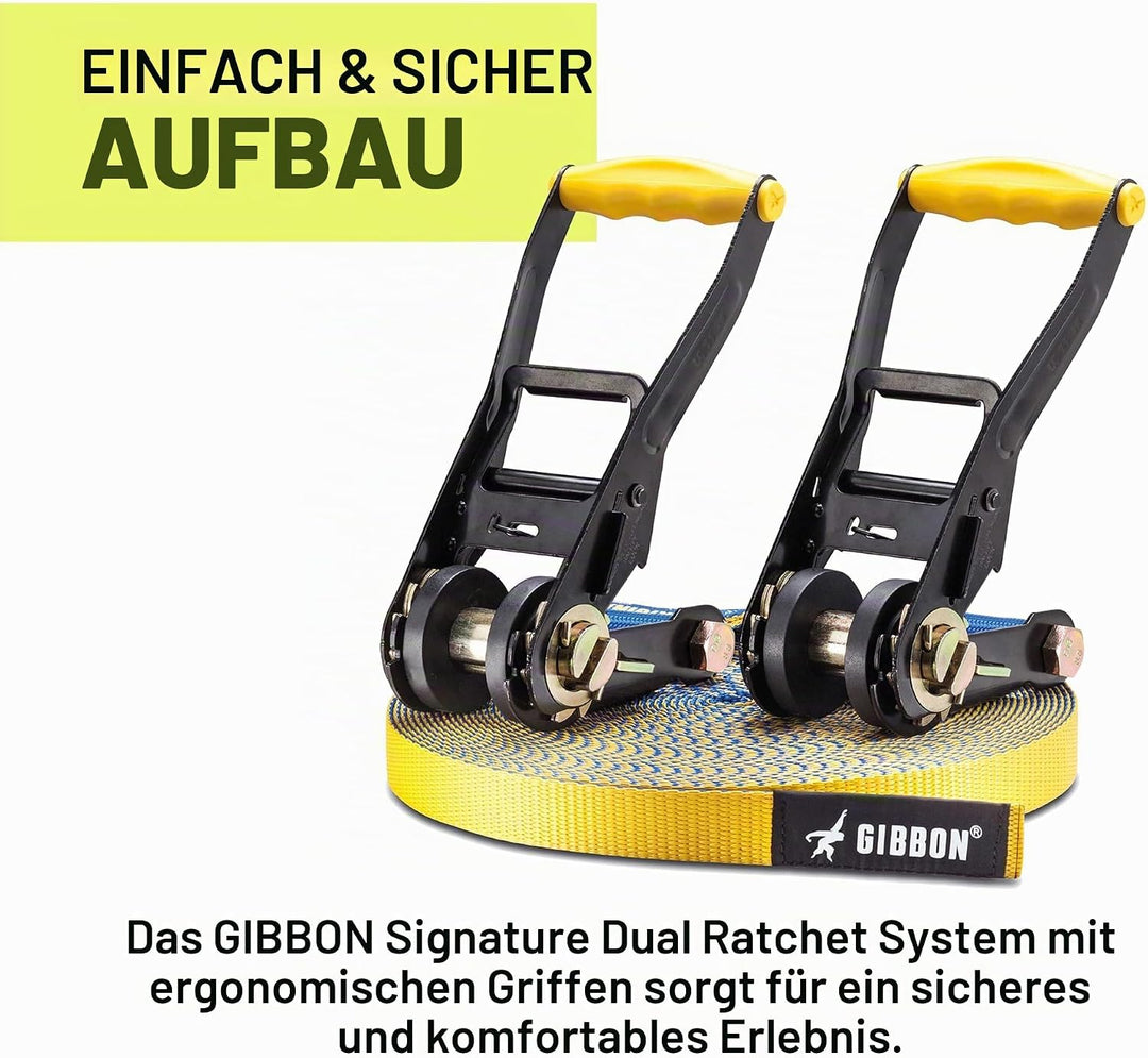 Gibbon Slacklines FlowLine | 1 Zoll / 2,5cm Band | Anfänger &amp; Fortgeschrittene | Doppelratsche &amp; Spa