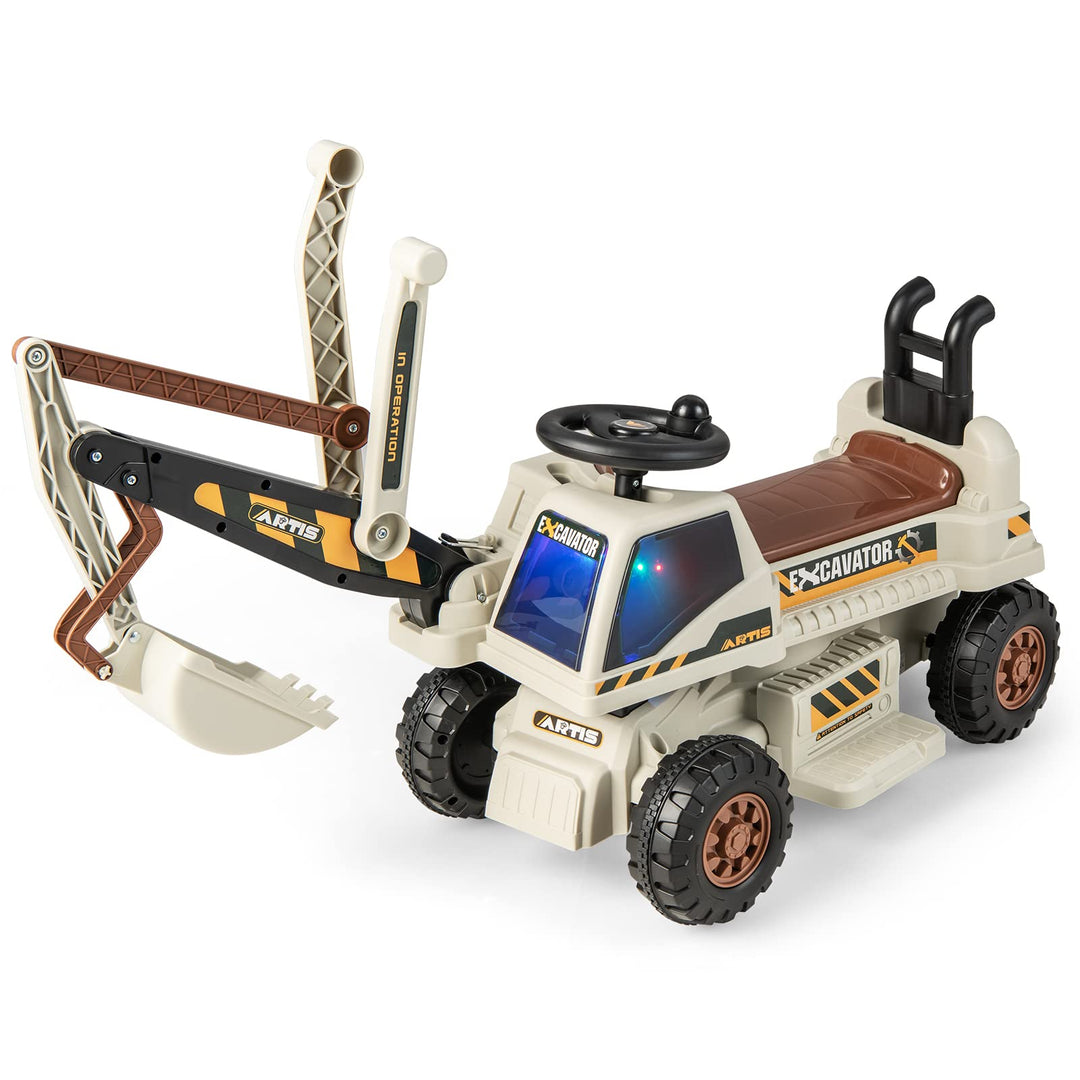 COSTWAY 6V Kinder Sitzbagger mit drehbarer und Verstellbarer Schaufel, Elektro Kinderbagger mit LED