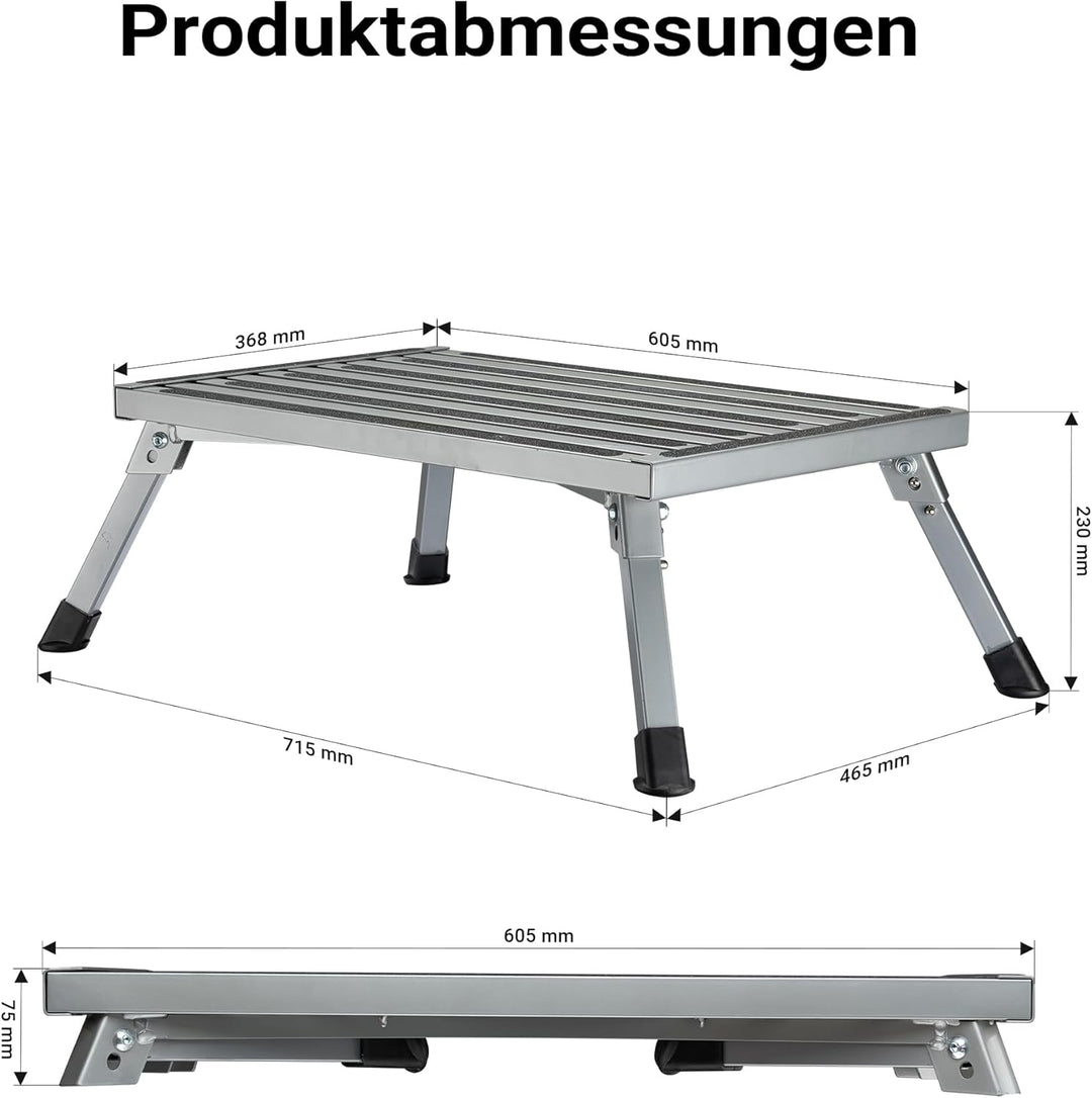 Wiltec Camping Trittstufe bis 150 kg Tritthocker klappbar aus Stahl Trittleiter mit 1 Stufe 740 x 47