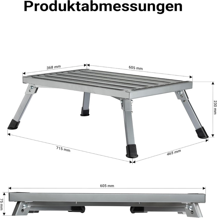 Wiltec Camping Trittstufe bis 150 kg Tritthocker klappbar aus Stahl Trittleiter mit 1 Stufe 740 x 47
