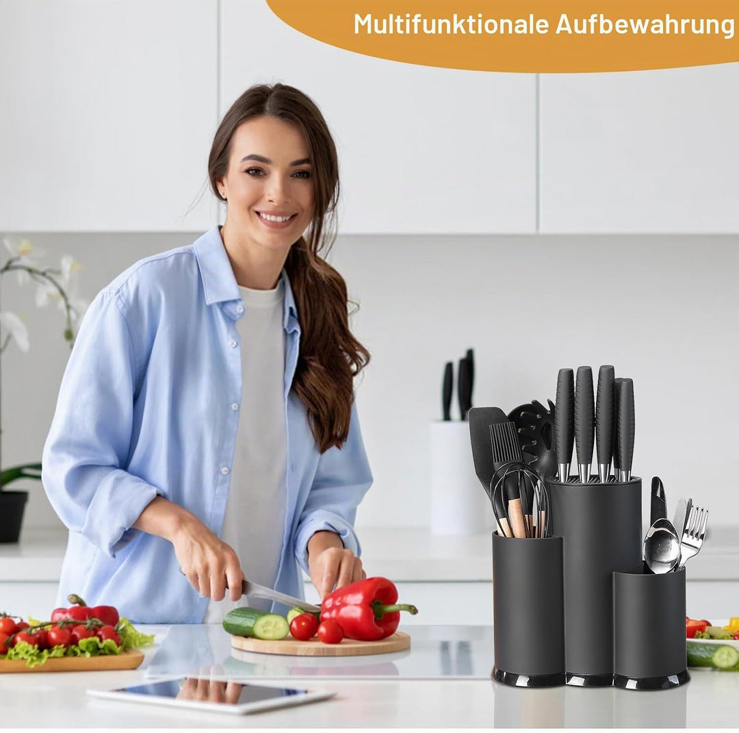 3 in 1 Messerblock Ohne Messer Schwarz Küchenutensilienhalter Messerhalter mit Schlitzen Knife Holde