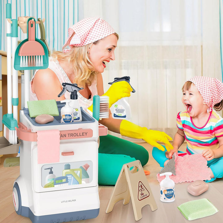 deAO Besenwagen Putzwagen Für Kinder,mit Kinderbesen,Kehrblech und Handfeger, Kinderstaubsauger mit