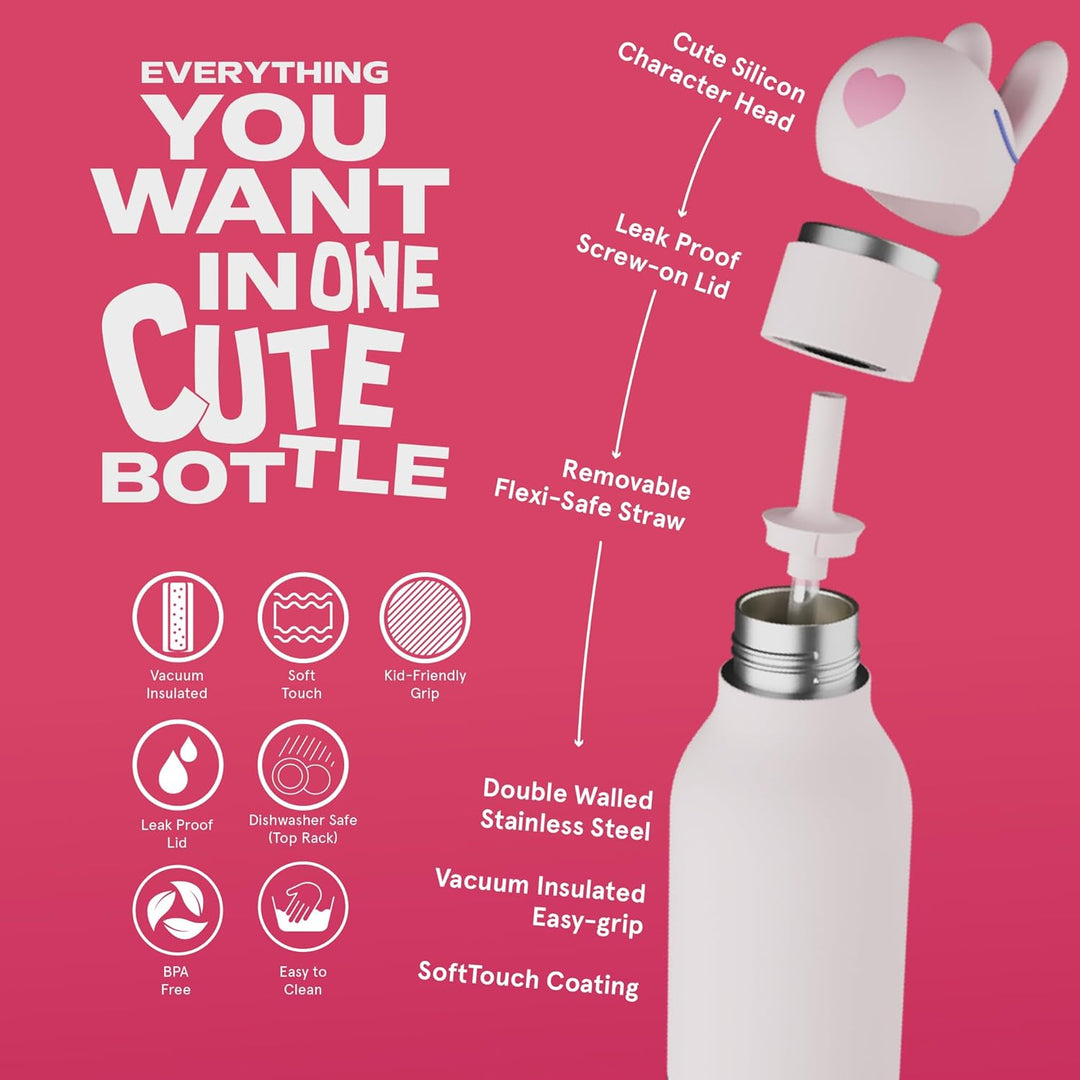 ASOBU Bestie Kindertrinkflasche mit Strohhalm – Isolierte Edelstahlflasche 420ml mit Hasenkopf – Aus