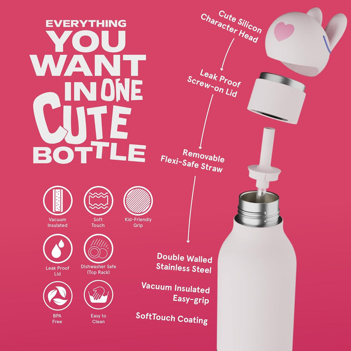 ASOBU Bestie Kindertrinkflasche mit Strohhalm – Isolierte Edelstahlflasche 420ml mit Hasenkopf – Aus