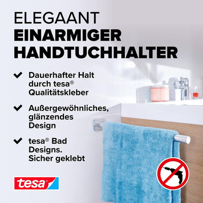 tesa ELEGAANT Bad Handtuchhalter, ein Arm, verchromt - rostfrei, zur Wandbefestigung ohne Bohren, in