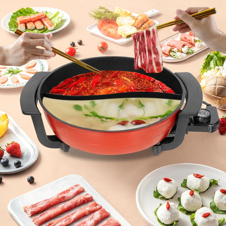 1360W Hot Pot Kochtopf 6L Feuertopf Suppentopf Twin Hot Pot Shabu Chinesischer Fondue mit Deckel & 5