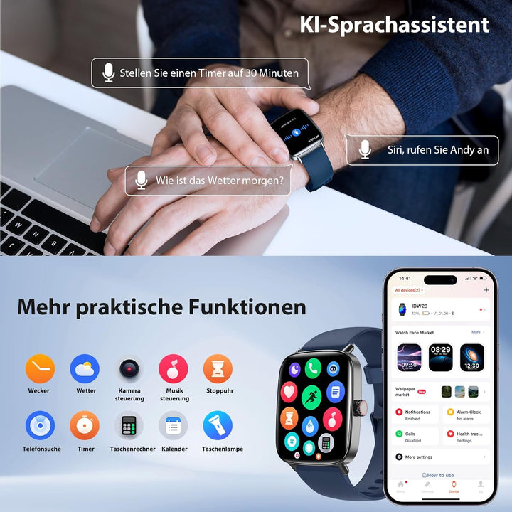 Yoever Smartwatch Herren Damen mit Telefonfunktion - 1.85" Fitnessuhr Herren mit Herzfrequenz SpO2 S