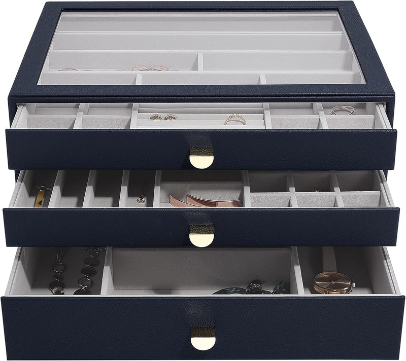 Stackers Navy Pebble Supersize Jewellery Box - Set of 3 (with Drawers), Navy