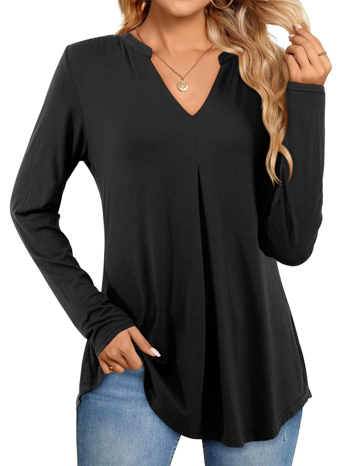 Beluring Damen Oberteile Kurzarm/Langarm Elegant T-Shirt V-Ausschnitt Plissee Top Einfarbig Longshir