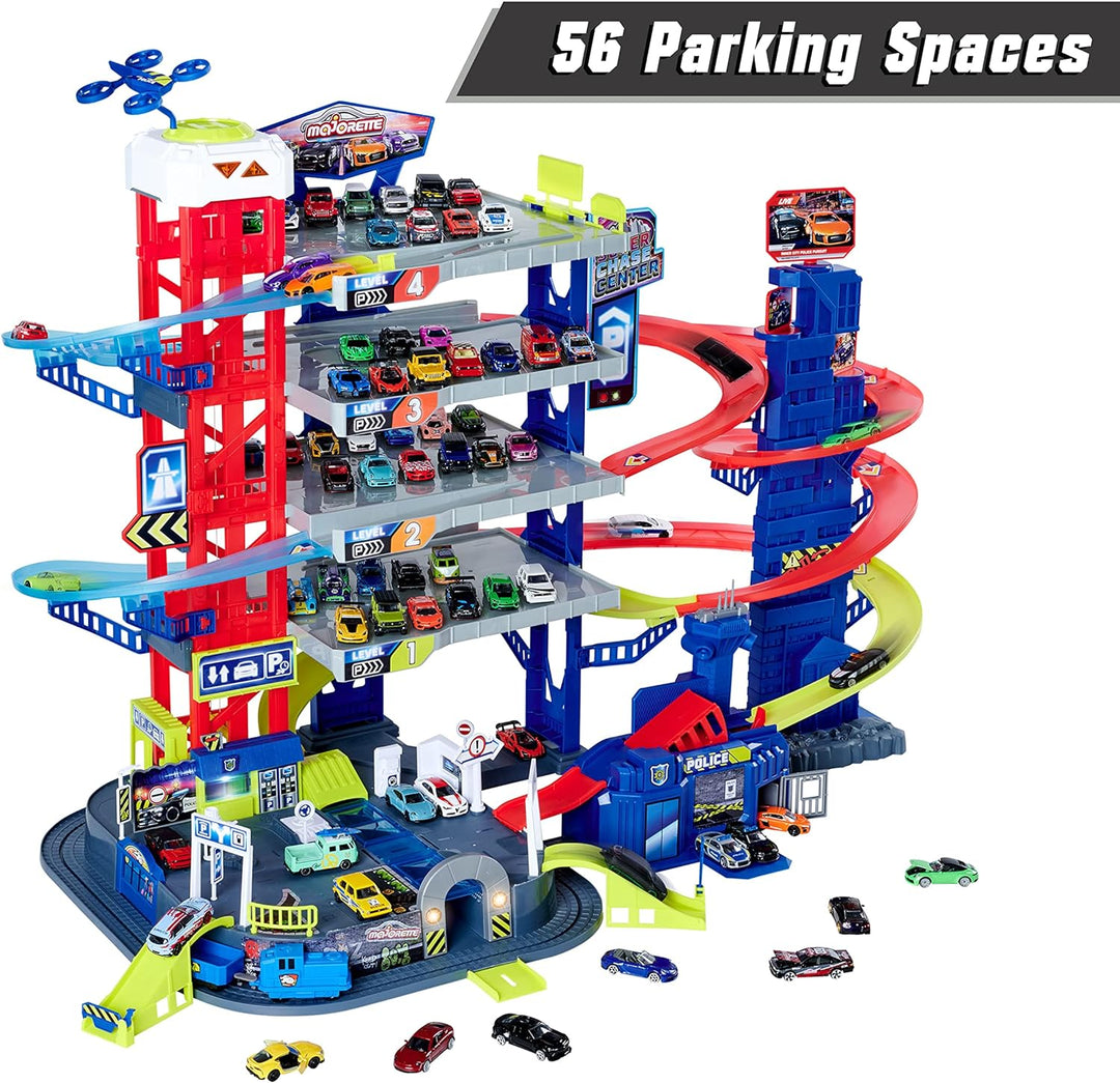 Majorette – Super Chase Center - Parkhaus mit 5 Etagen & Porsche Discovery-Set 20+2 – 22 hochwertige