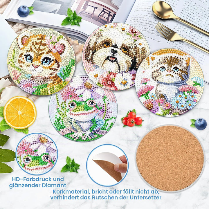 8 STK Diamond Painting Untersetzer Tier mit Halter, Diamant Bilder für Tiere, Tassenuntersetzer mit