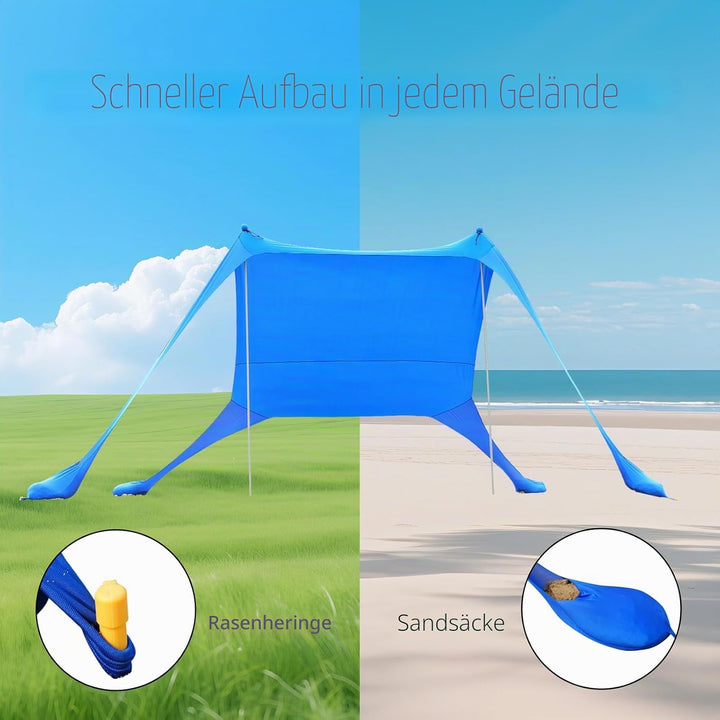 Strandzelt 2x2.1 m Pop-Up LSF 50 Sonnenschutz, Anti-Wind Strandmuschel mit Eisen Stabilitätsstangen