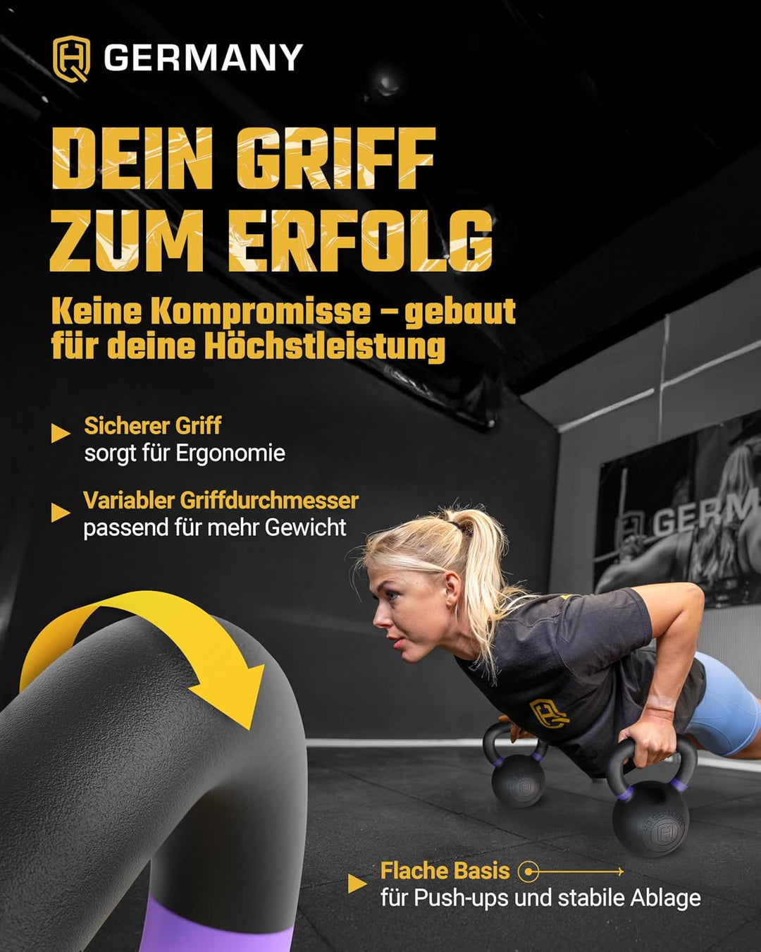 HQ Germany® Kettlebell Powdercoat [Pulverbeschichtung] - Kugelhantel 2-32kg | Vollguss ohne Schweiss