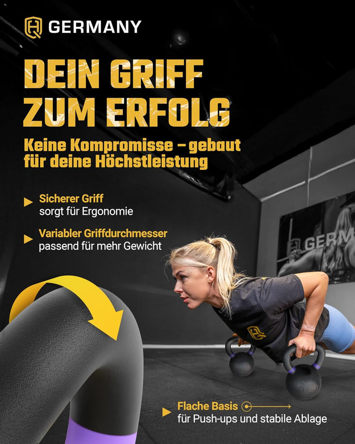 HQ Germany® Kettlebell Powdercoat [Pulverbeschichtung] - Kugelhantel 2-32kg | Vollguss ohne Schweiss