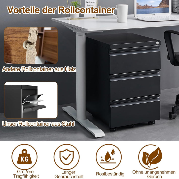 Rollcontainer, Mobiler Aktenschrank mit Schloss, 4 Schlüssel, 3 Schubladen, Büroschrank aus Metall,