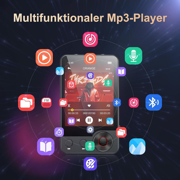 128GB MP3-Player mit Bluetooth 5.3, 2,4 Zoll tragbarer Voll-Touchscreen-Musikplayer mit Lautsprecher