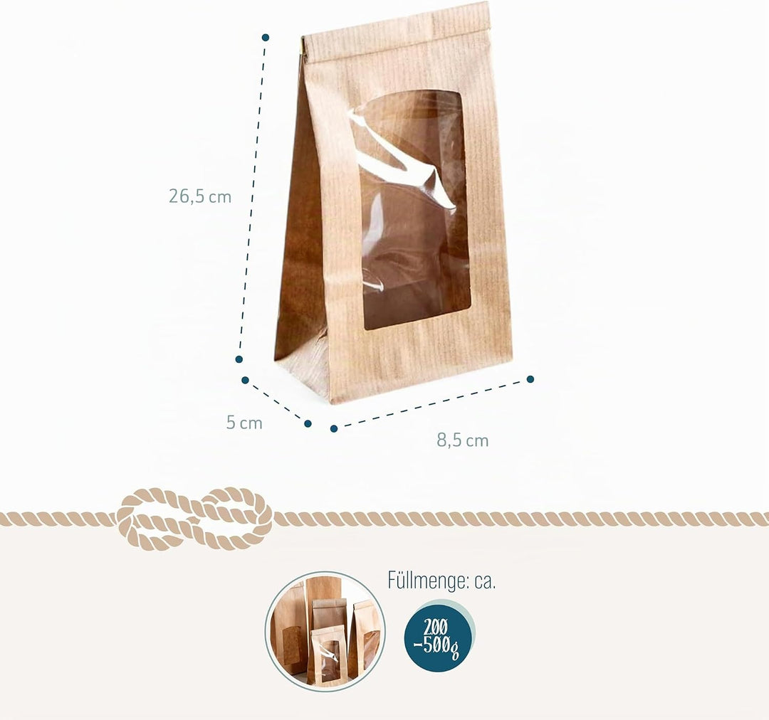 Logbuch-Verlag 100 braune Papiertüten mit Fenster &amp; Folieneinlage - Beutel zum Befüllen mit Verschlu