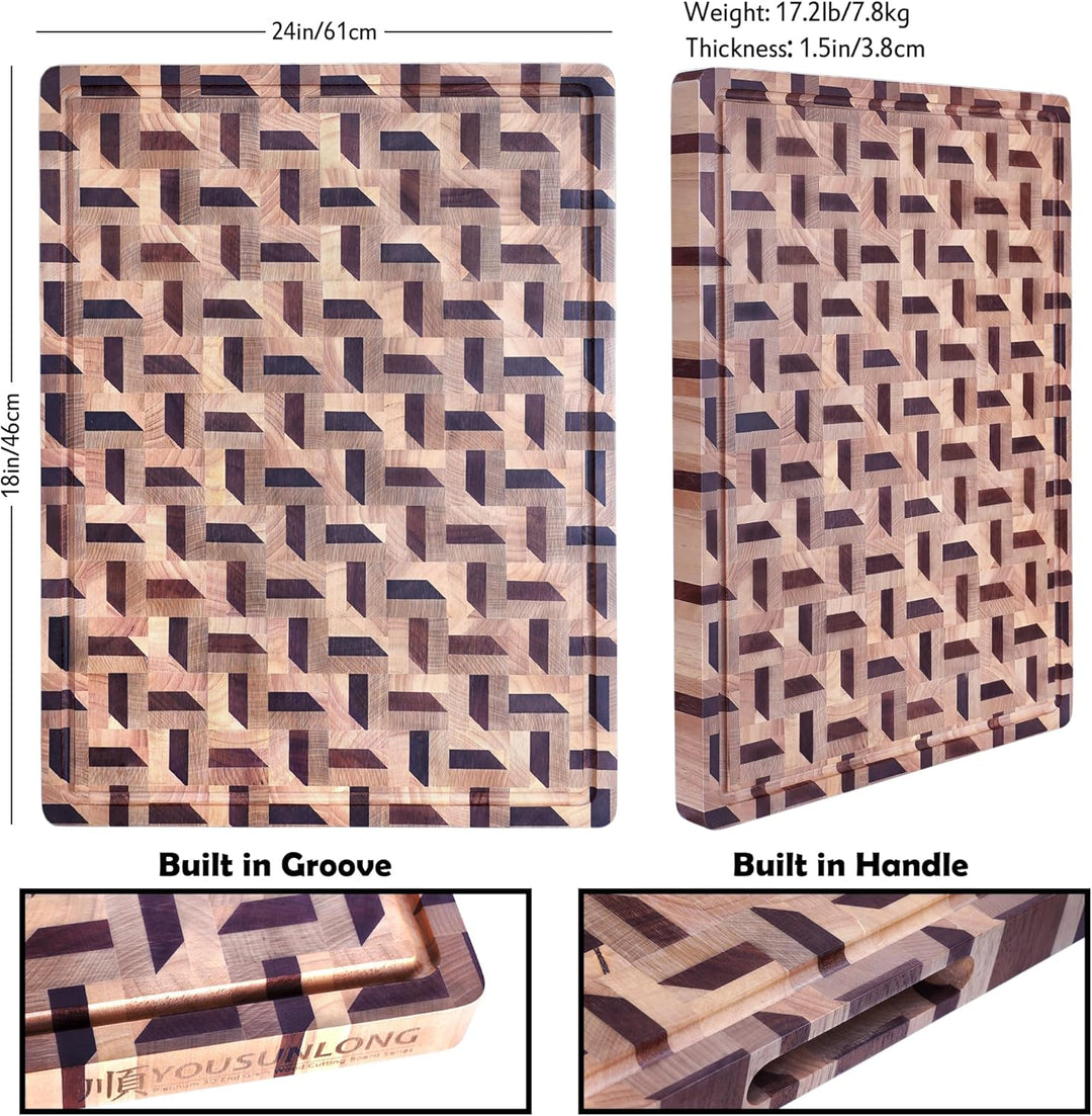 YOUSUNLONG Stirnholz-Schneidebrett - 3D-Zickzackmuster Walnuss & Ahorn-Butcher Block XXL-Bruststückb