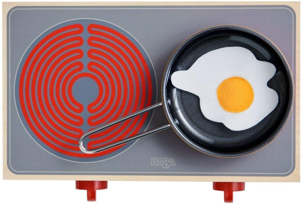 HABA 305132 - Kochstellen-Set Culina, mit 2 Herdplatten, 1 Pfanne und 1 Spiegelei, platzsparende Alt