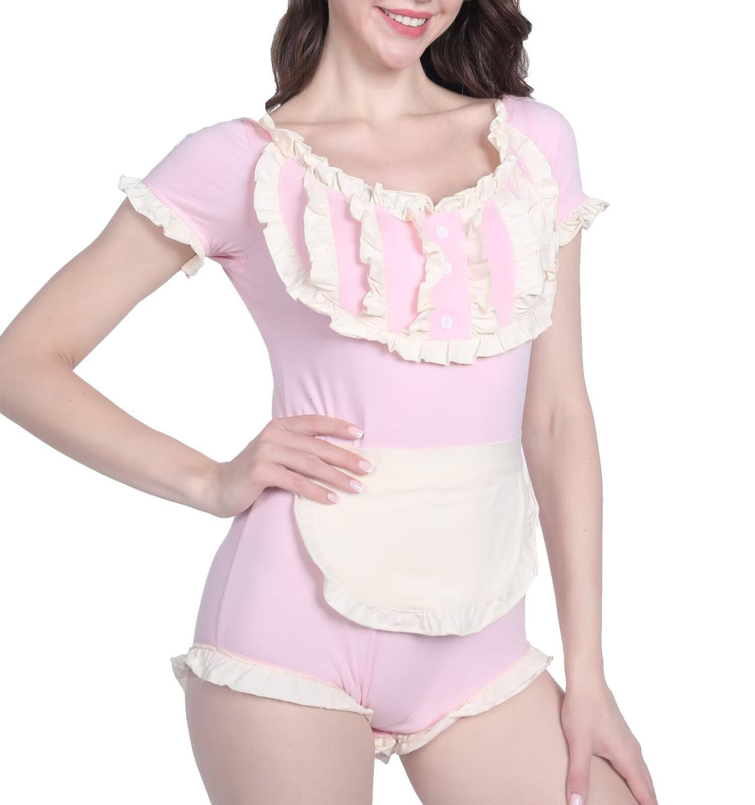 Landofgenie Damen Schwarz Langarm Baumwolle Bodysuit Onesie Pyjamas Maid Outfit Rosa L, Rosa L