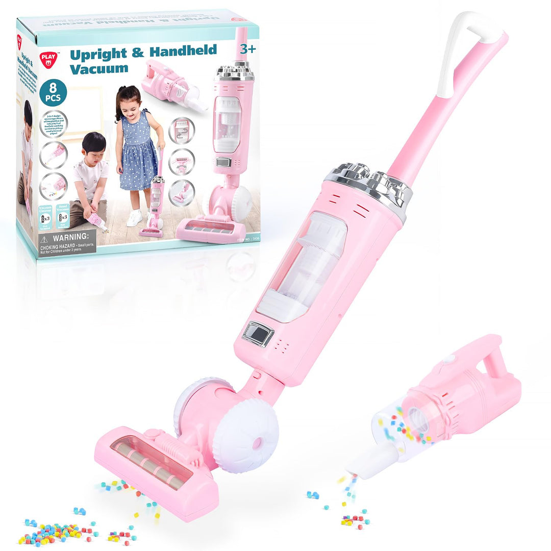 PLAY 2 in 1 Kinder Staubsauger Set, Elektrischer Staubsauger Spielzeug mit Eva-Granulat, Saugen und
