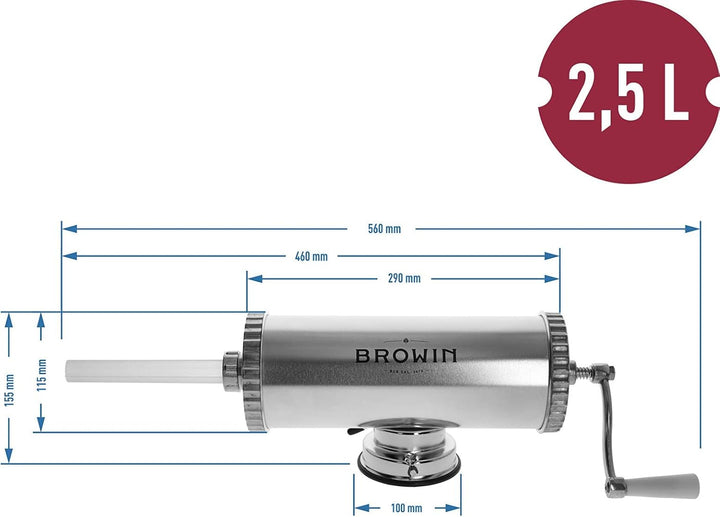 BROWIN® Manuell Wurstfüller aus Edelstahl 311020 | 2,5 kg horizontale Wurstmaschine | Wurstfüllmasch