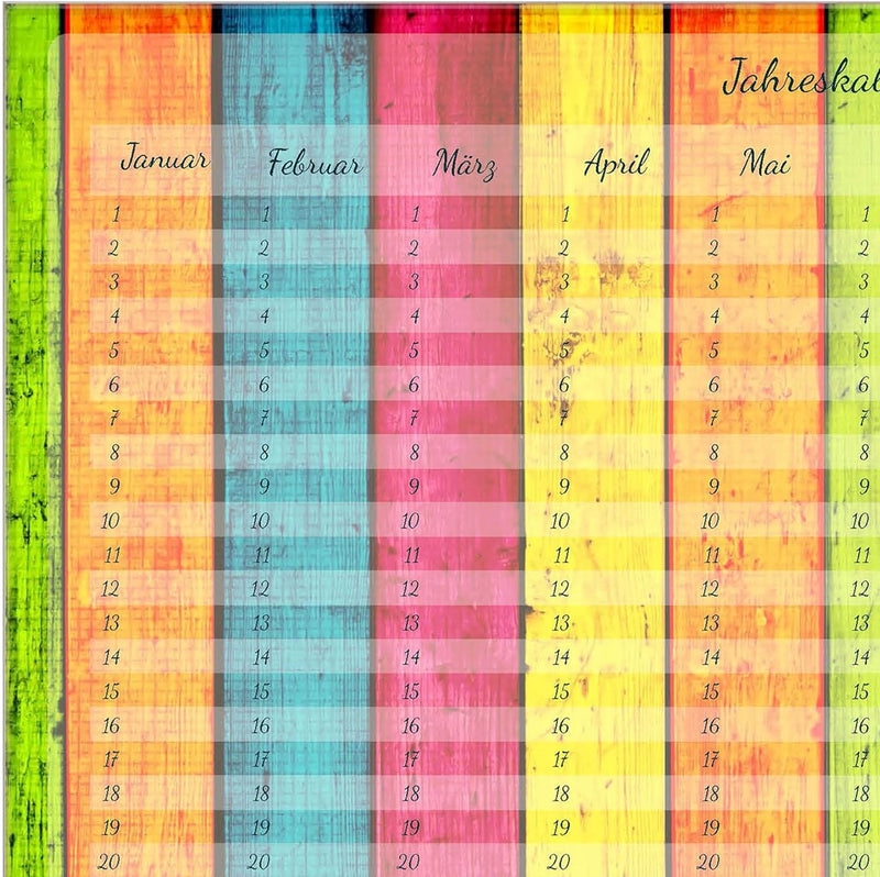 banjado® Wandkalender abwischbar aus Glas 90x60 cm/Jahresplaner abwischbar mit Motiv Regenbogen Holz