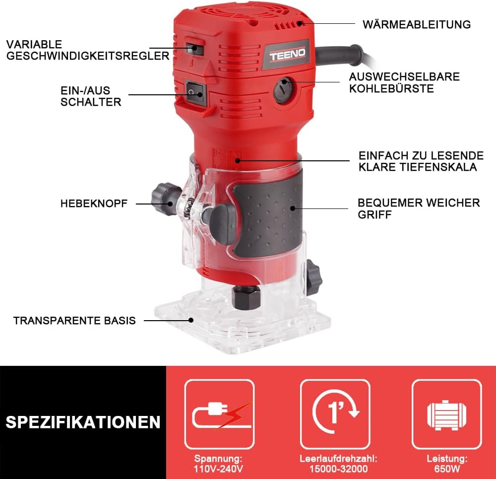 TEENO Holzfräse Oberfräse 650 W 15000–32000 U/min mit Tragetasche,6 Variable Geschwindigkeiten,Elekt