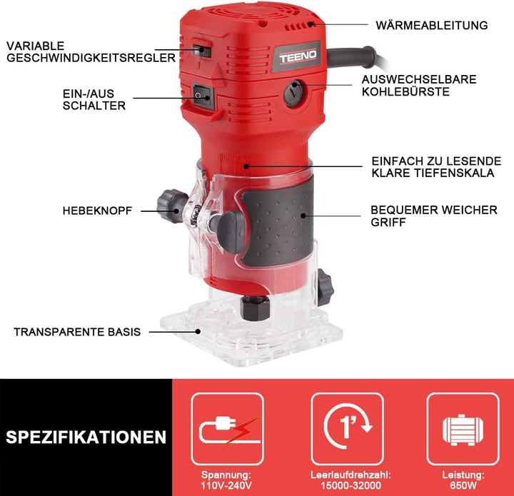 TEENO Holzfräse Oberfräse 650 W 15000–32000 U/min mit Tragetasche,6 Variable Geschwindigkeiten,Elekt